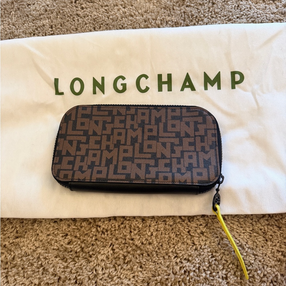 Longchamp Brown Logo Zip-Around Wallet with Yellow Wrist Strap
